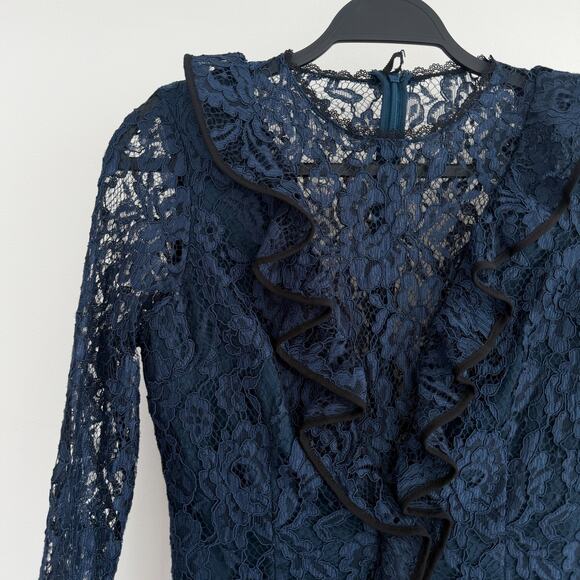 Alexis Bodysuit Womens Small Navy Lace Ruffle Pollie Illusion Long Sleeve Top - Picture 7 of 14